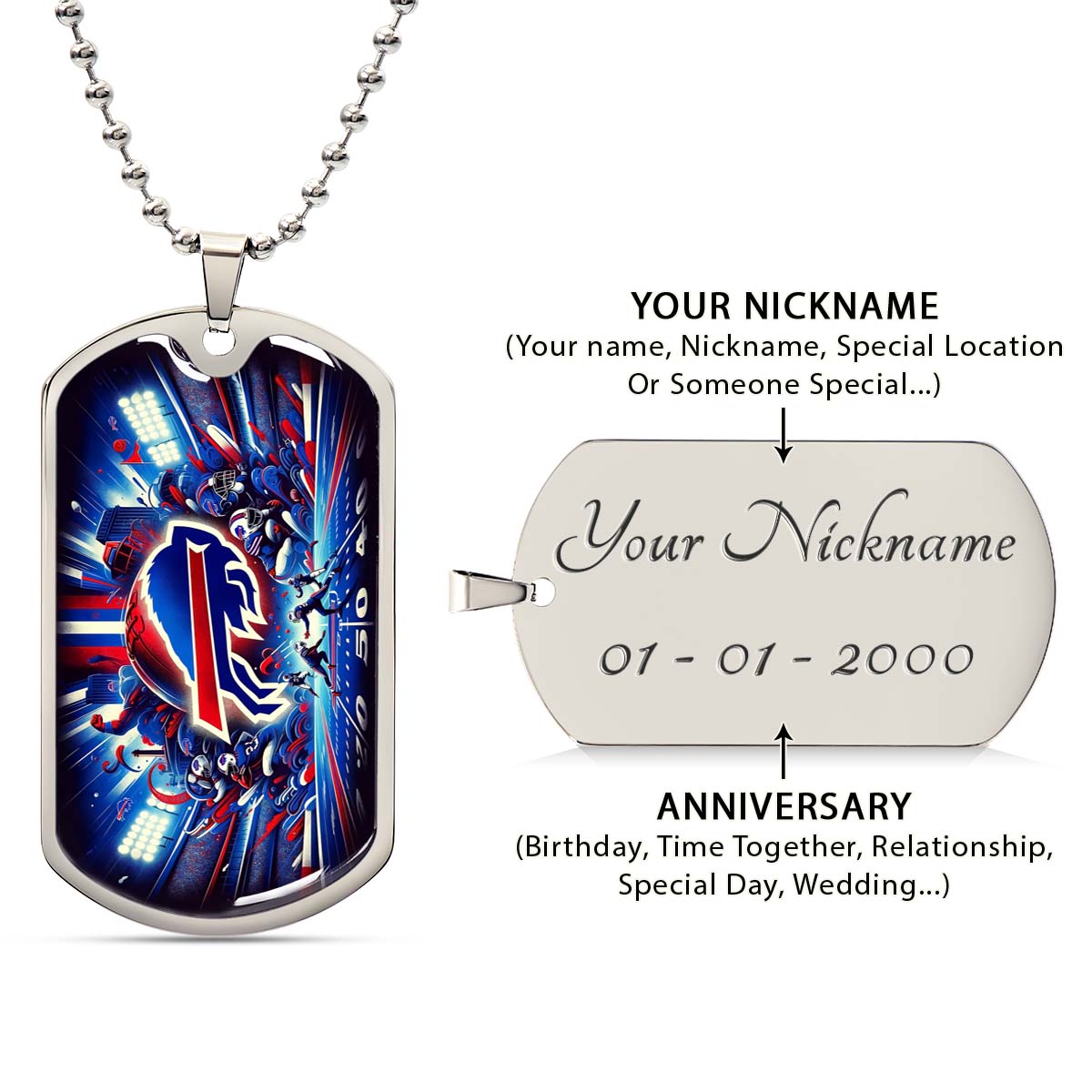 American Football - AFD004 - Buffalo Bills Super Bowl Spirit - NFL Football - American Football Dog Tag - Military Ball Chain - Luxury Dog Tag