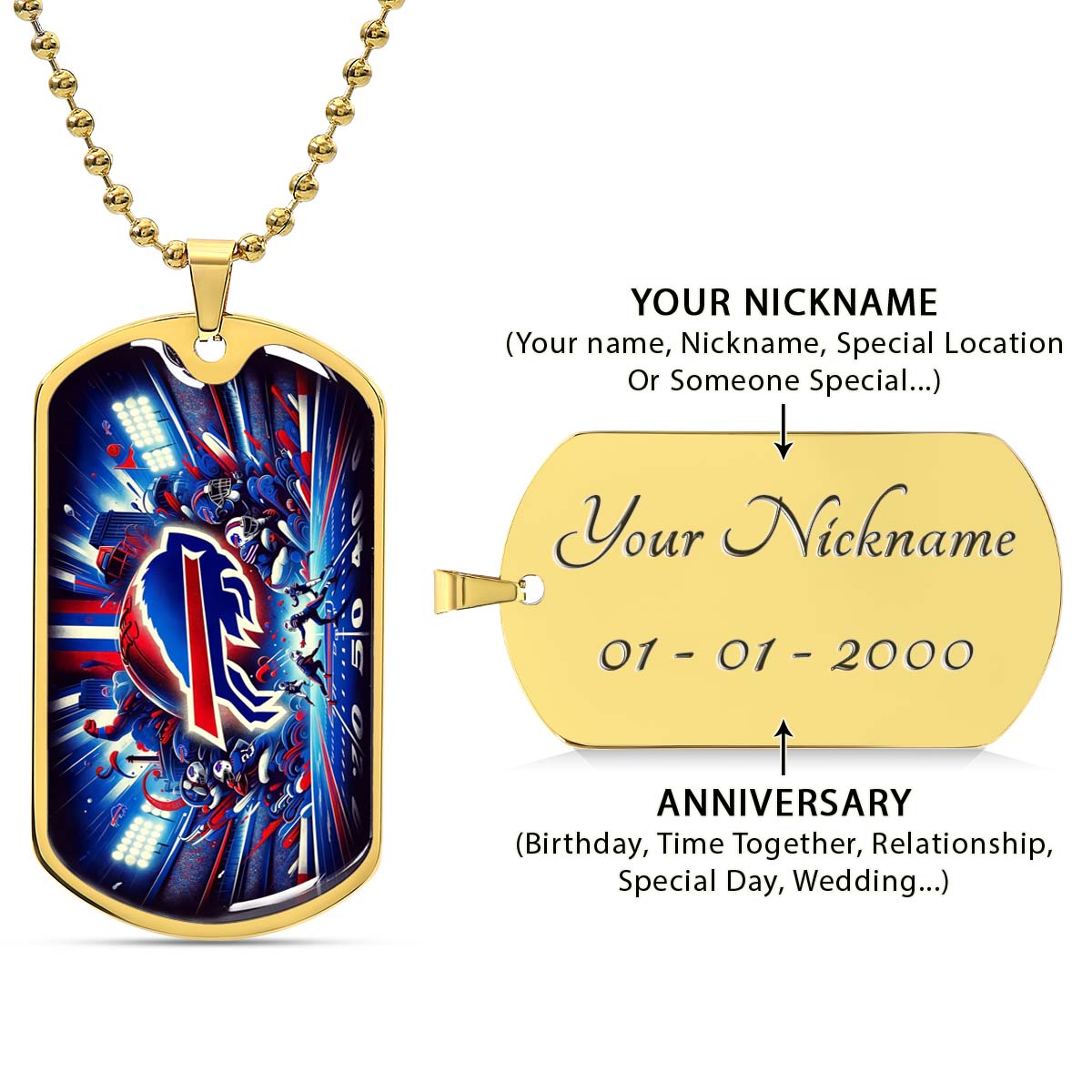 American Football - AFD004 - Buffalo Bills Super Bowl Spirit - NFL Football - American Football Dog Tag - Military Ball Chain - Luxury Dog Tag