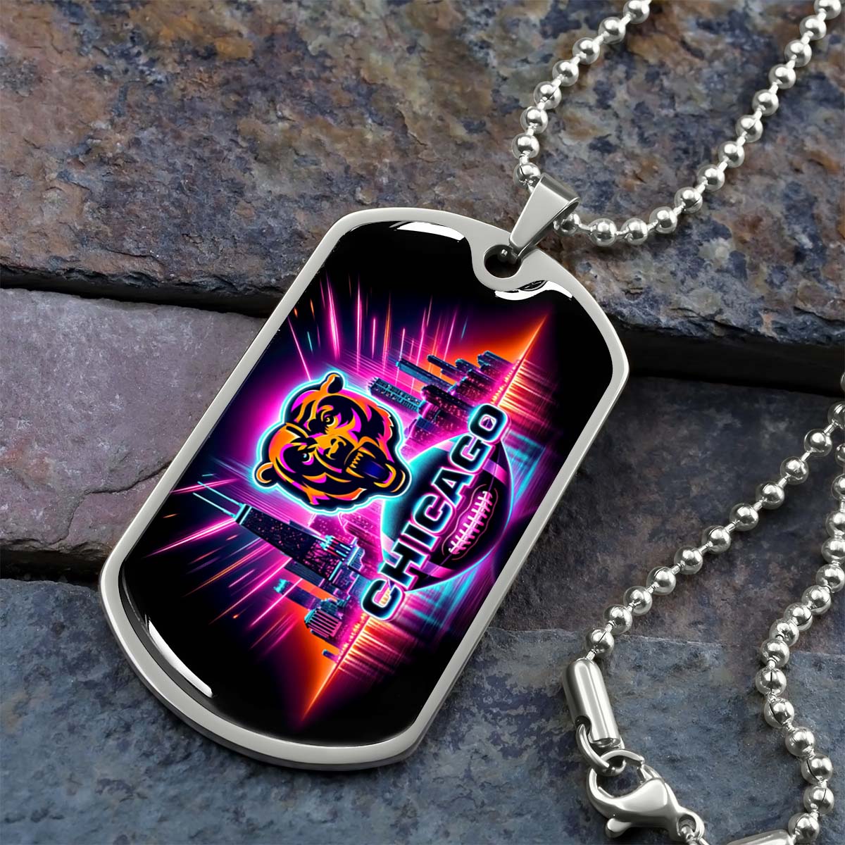 American Football - AFD007 - Chicago Bears Neon - American Football Dog Tag - Military Ball Chain - Luxury Dog Tag