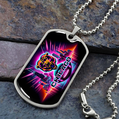American Football - AFD007 - Chicago Bears Neon - American Football Dog Tag - Military Ball Chain - Luxury Dog Tag