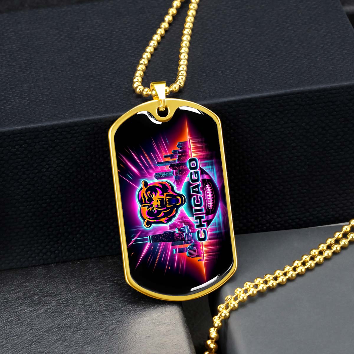 American Football - AFD007 - Chicago Bears Neon - American Football Dog Tag - Military Ball Chain - Luxury Dog Tag