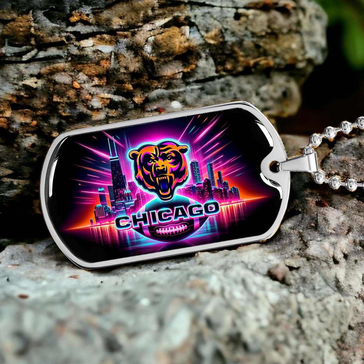 American Football - AFD007 - Chicago Bears Neon - American Football Dog Tag - Military Ball Chain - Luxury Dog Tag