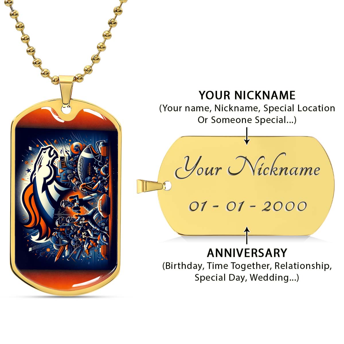 American Football - AFD010 - Denver Broncos NFL Super Bowl - American Football Dog Tag - Military Ball Chain - Luxury Dog Tag