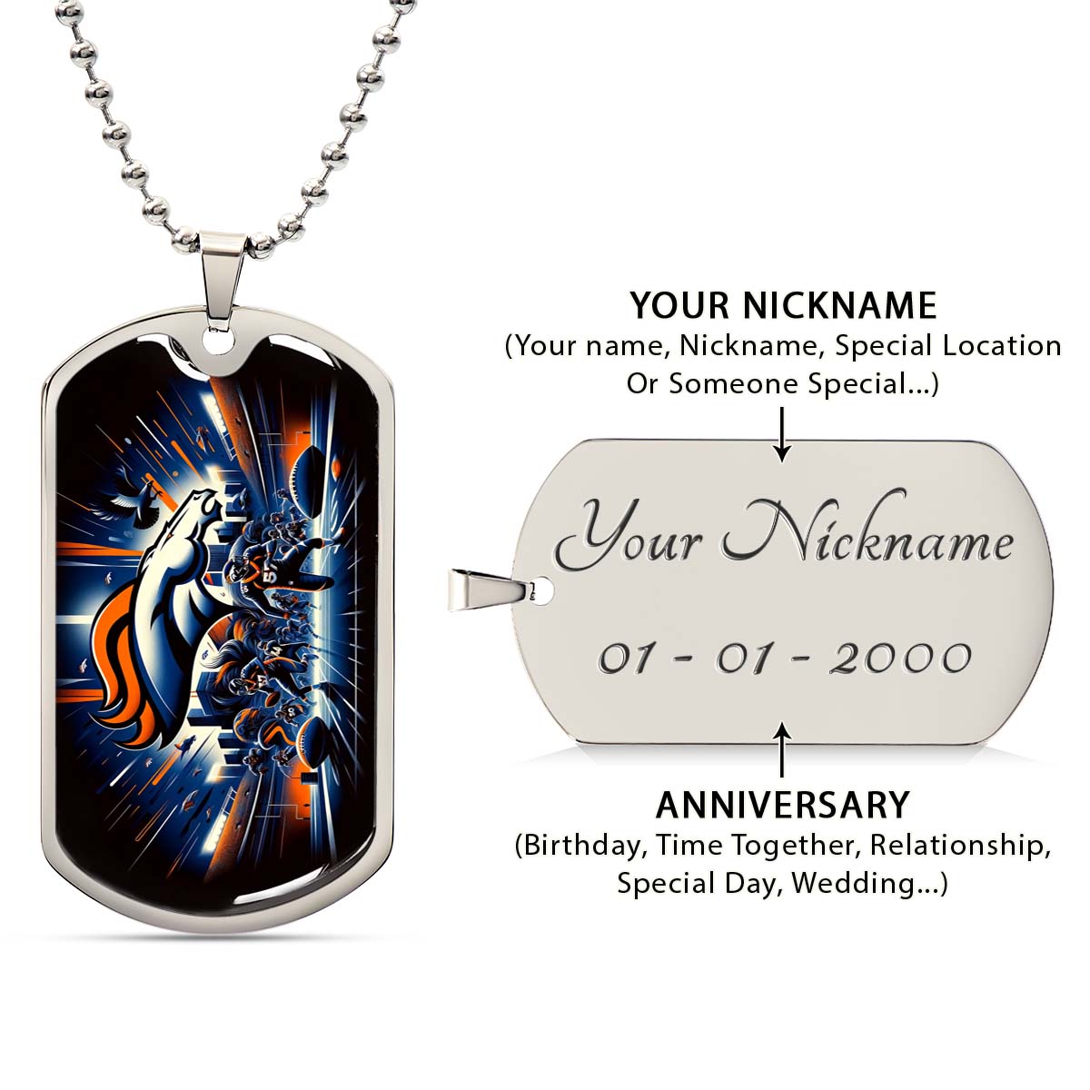 American Football - AFD011 - Denver Broncos NFL Team - American Football Dog Tag - Military Ball Chain - Luxury Dog Tag