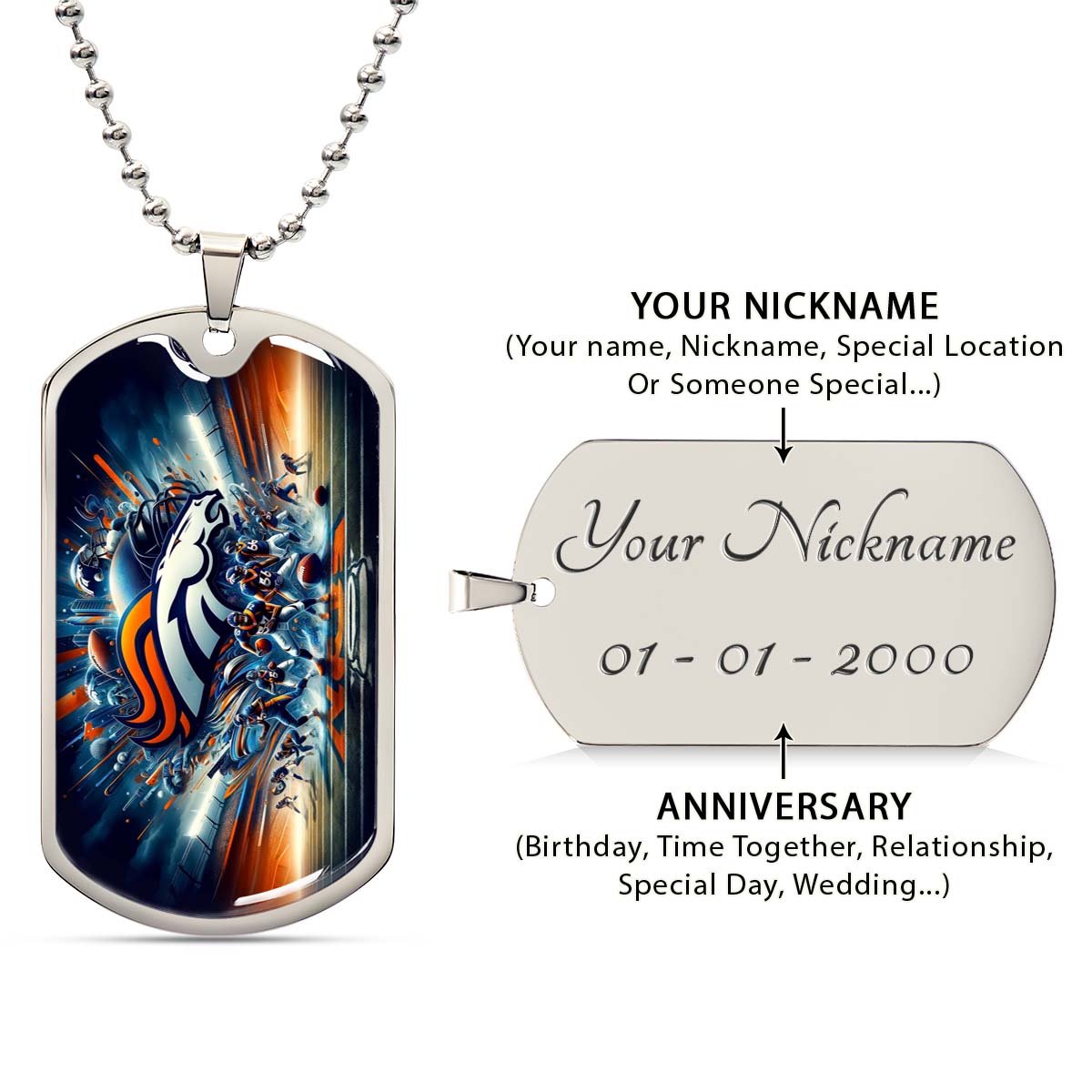 American Football - AFD012 - Denver Broncos Super Bowl NFL Team - American Football Dog Tag - Military Ball Chain - Luxury Dog Tag