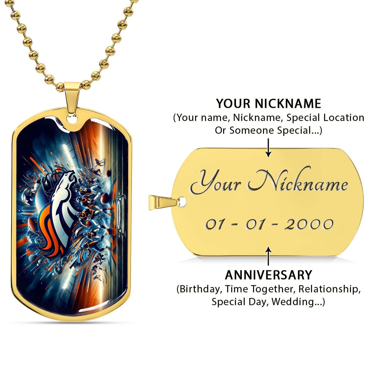 American Football Dog Tag Necklace - AFD012 - Denver Broncos - Super Bowl - NFL Teams - Military Ball Chain