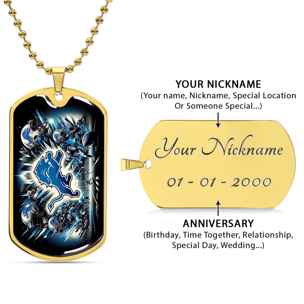American Football Dog Tag Necklace - AFD016 - Detroit Lions NFL Super Bowl - Military Ball Chain