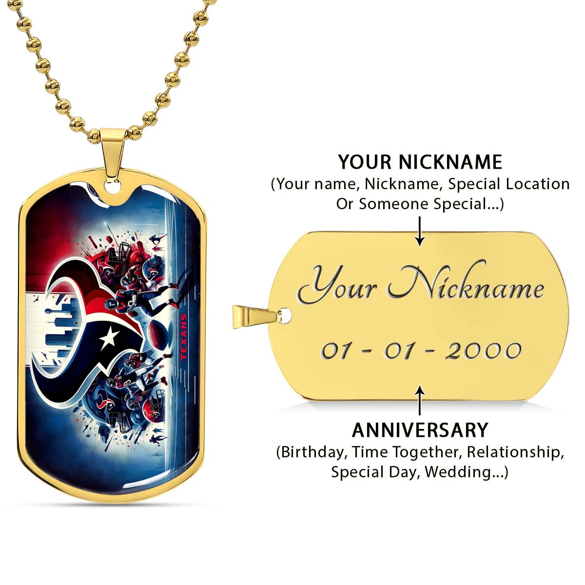 American Football - AFD025 - Houston Texans NFL Super Bowl Spirit - American Football Dog Tag - Military Ball Chain - Luxury Dog Tag