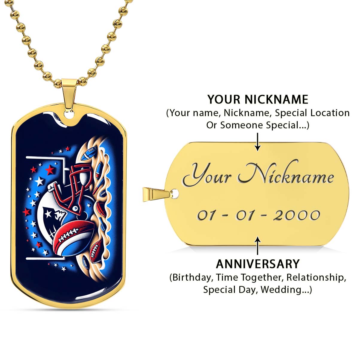 American Football - AFD027 - New England Patriots - Ultimate Football Pride - American Football Dog Tag - Military Ball Chain - Luxury Dog Tag