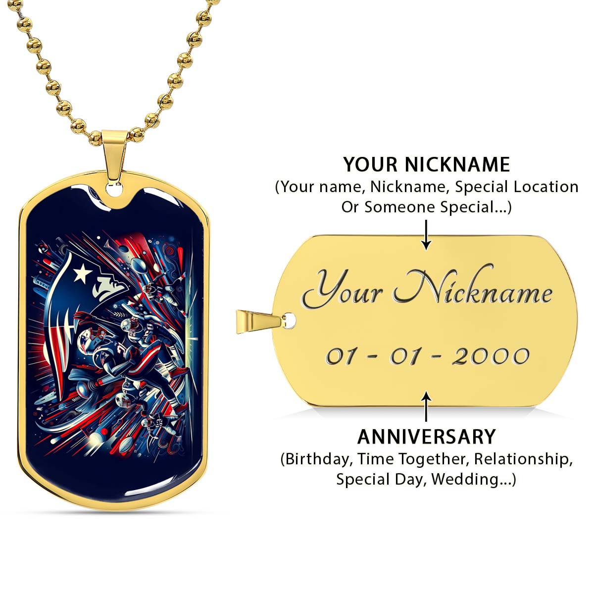 American Football Dog Tag Necklace - AFD028 - New England Patriots - NFL Teams - Military Ball Chain