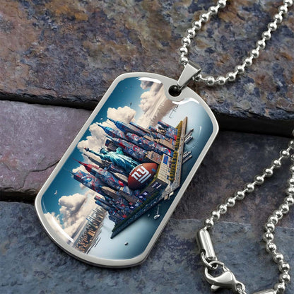 American Football Dog Tag Necklace - AFD032 - New York Giants Themed Manhattan Skyline - NFL Teams - Military Ball Chain