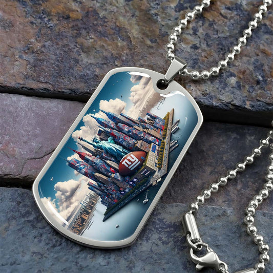 American Football Dog Tag Necklace - AFD032 - New York Giants Themed Manhattan Skyline - NFL Teams - Military Ball Chain