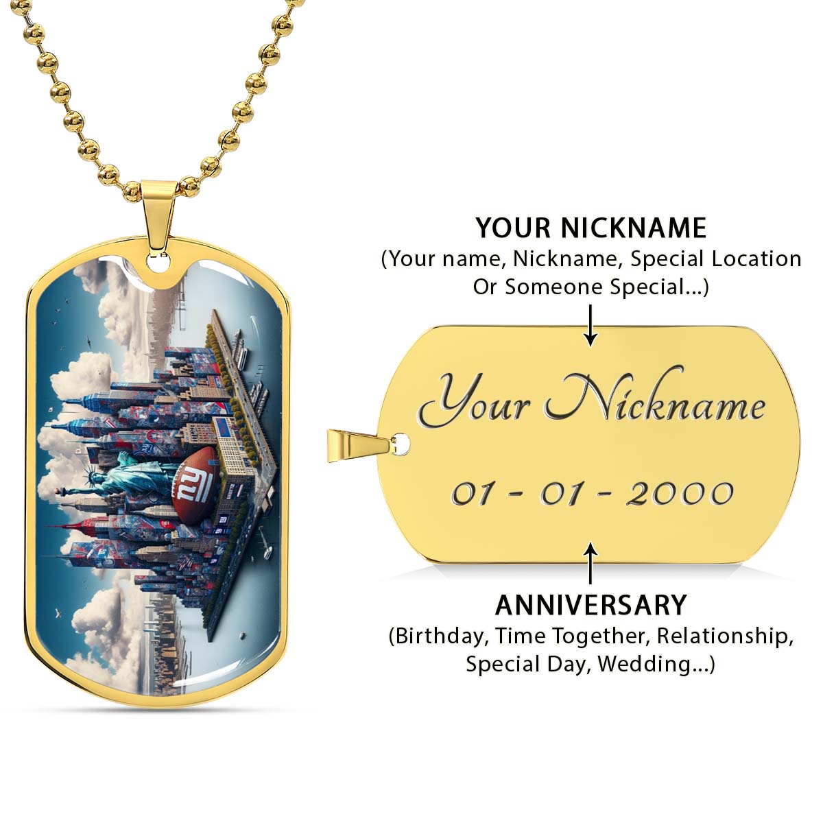 American Football Dog Tag Necklace - AFD032 - New York Giants Themed Manhattan Skyline - NFL Teams - Military Ball Chain