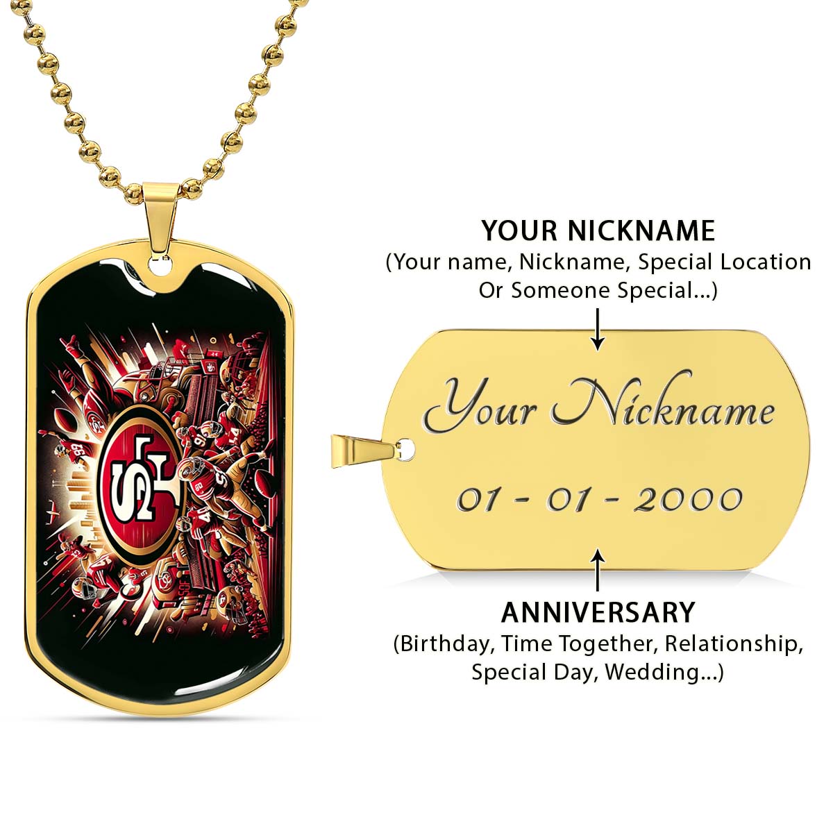 American Football Dog Tag Necklace - AFD038 - San Francisco 49ers Epic Super Bowl Team - Military Ball Chain