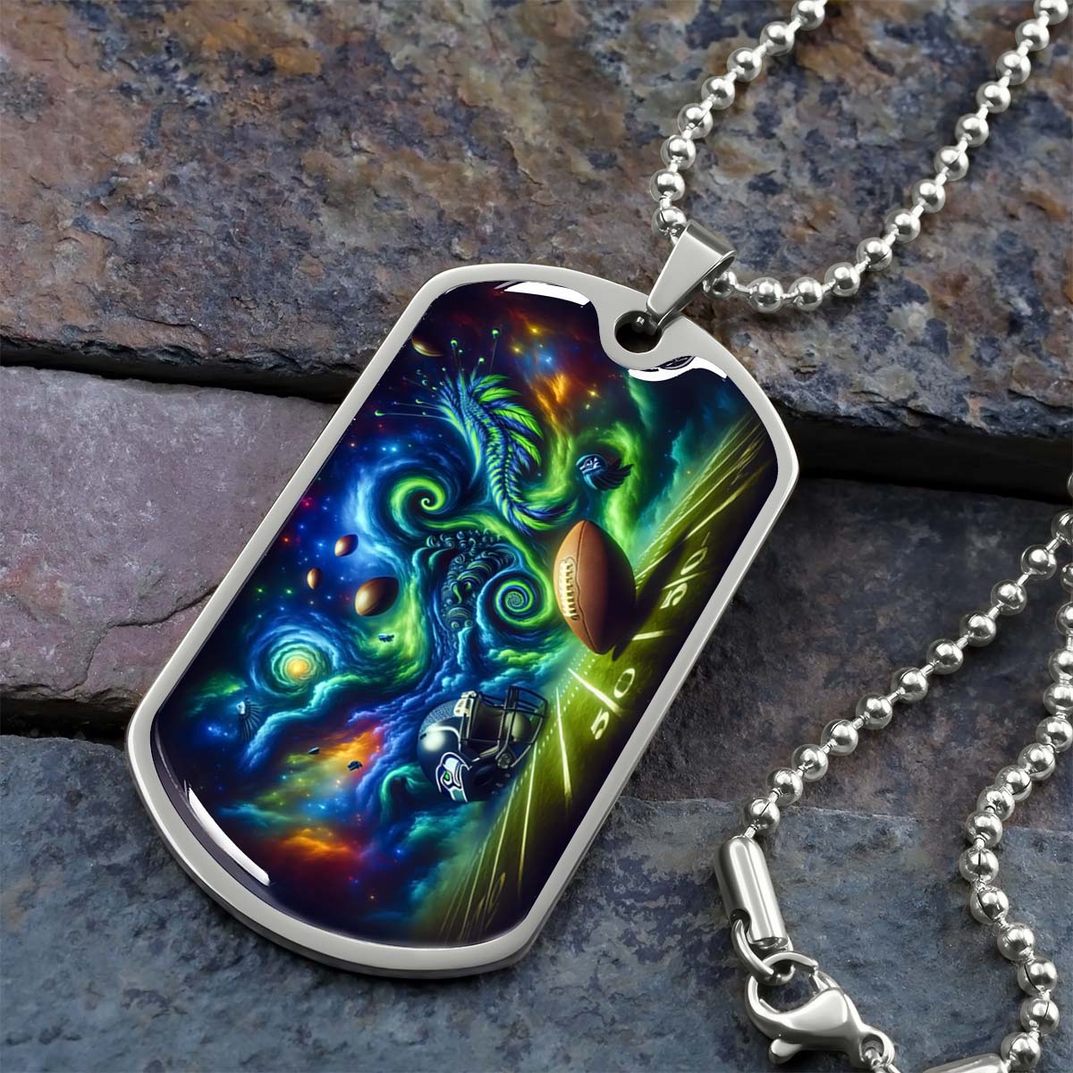 American Football - AFD044 - Seattle Seahawks Cosmic Touchdown - American Football Dog Tag - Military Ball Chain - Luxury Dog Tag