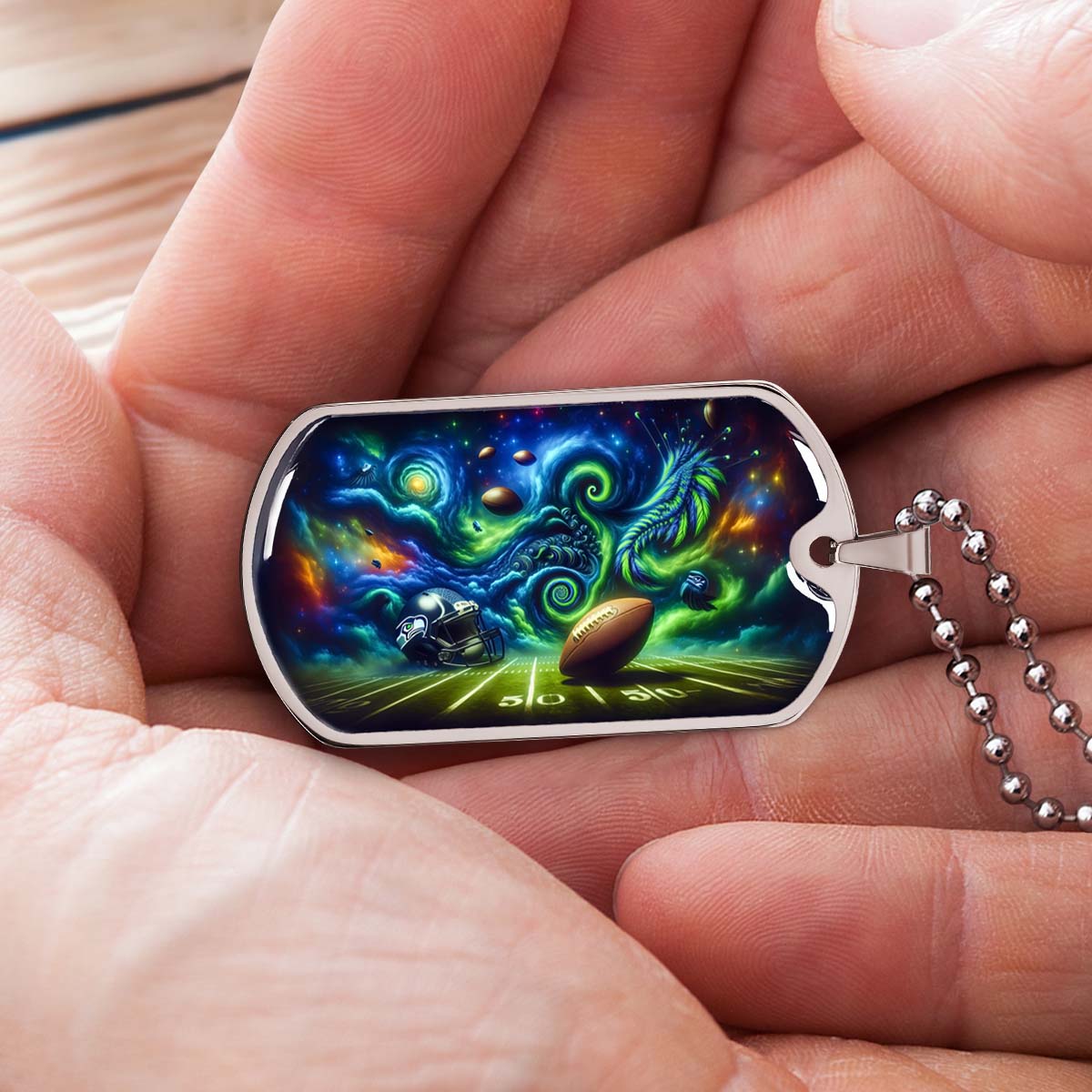 American Football - AFD044 - Seattle Seahawks Cosmic Touchdown - American Football Dog Tag - Military Ball Chain - Luxury Dog Tag