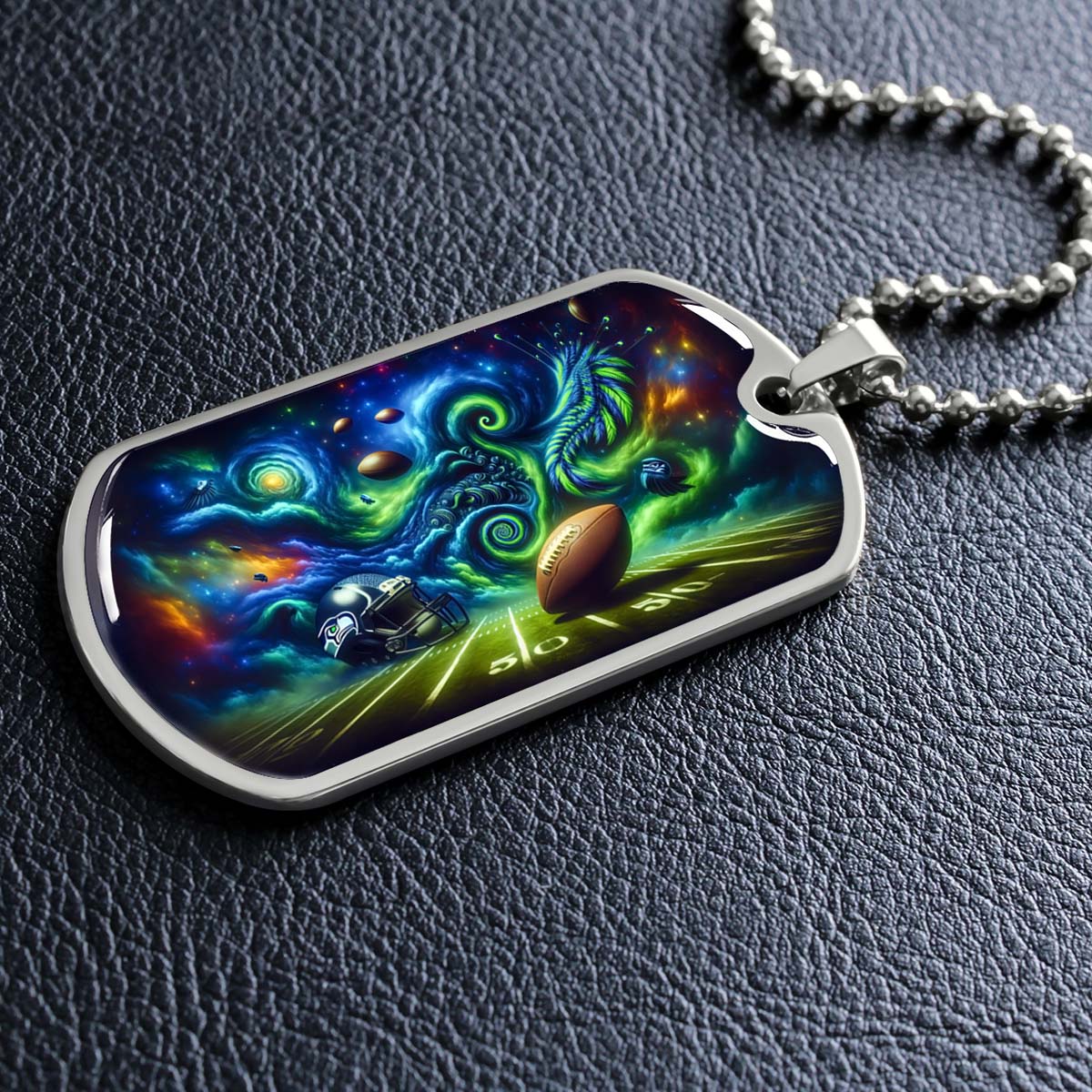 American Football - AFD044 - Seattle Seahawks Cosmic Touchdown - American Football Dog Tag - Military Ball Chain - Luxury Dog Tag