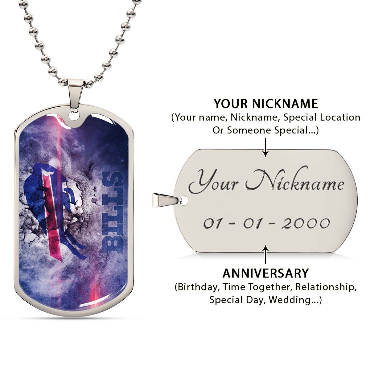 American Football Dog Tag Necklace - AFD055 - Buffalo Bills - NFL Teams - Military Ball Chain