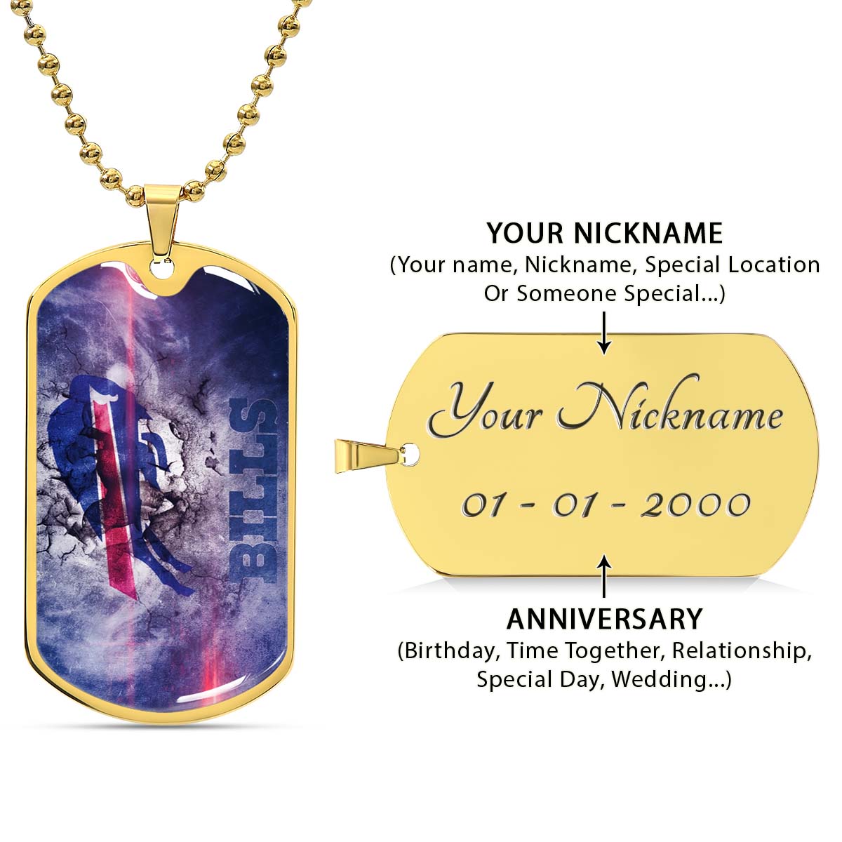 American Football Dog Tag Necklace - AFD055 - Buffalo Bills - NFL Teams - Military Ball Chain