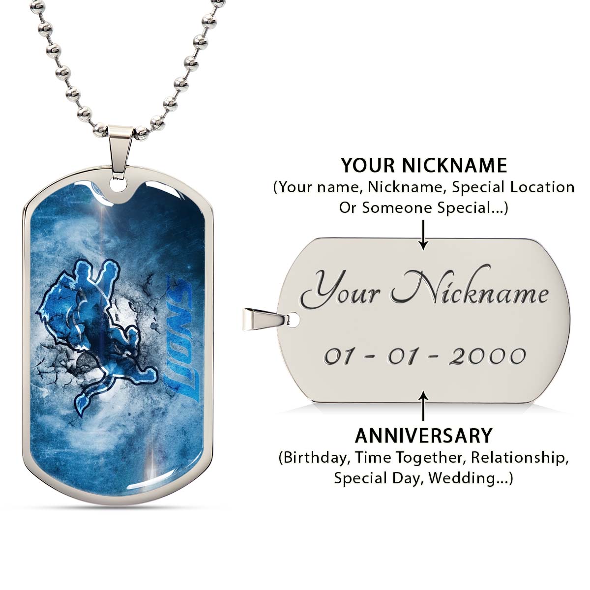 American Football - AFD062 - Detroit Lions - NFL Football Team - American Football Dog Tag - Military Ball Chain - Luxury Dog Tag