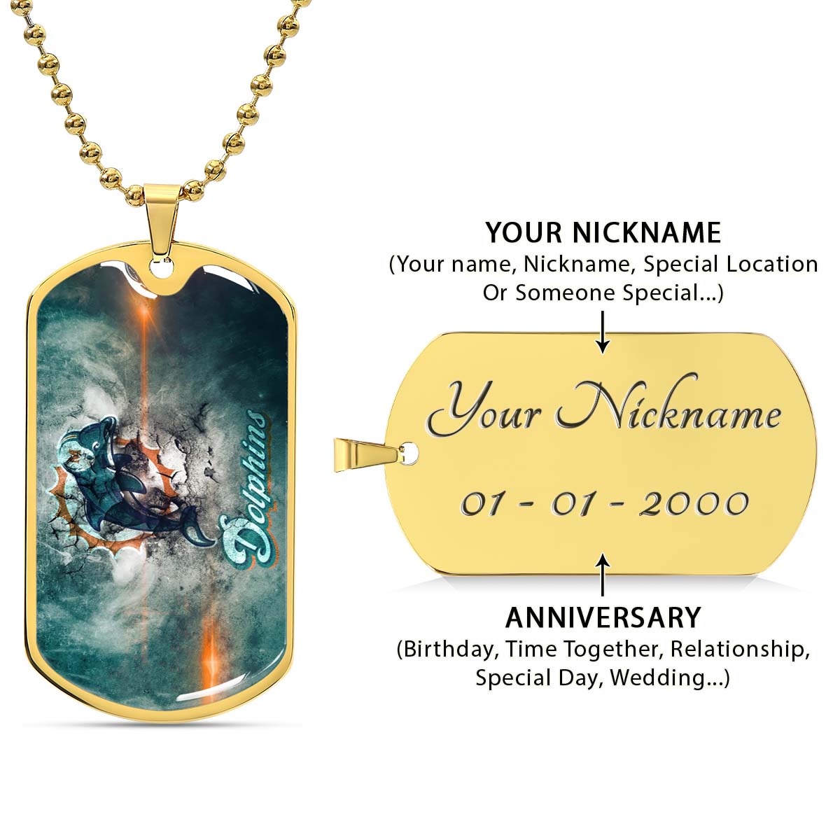 American Football - AFD068 - Miami Dolphins - NFL Football Team - American Football Dog Tag - Military Ball Chain - Luxury Dog Tag