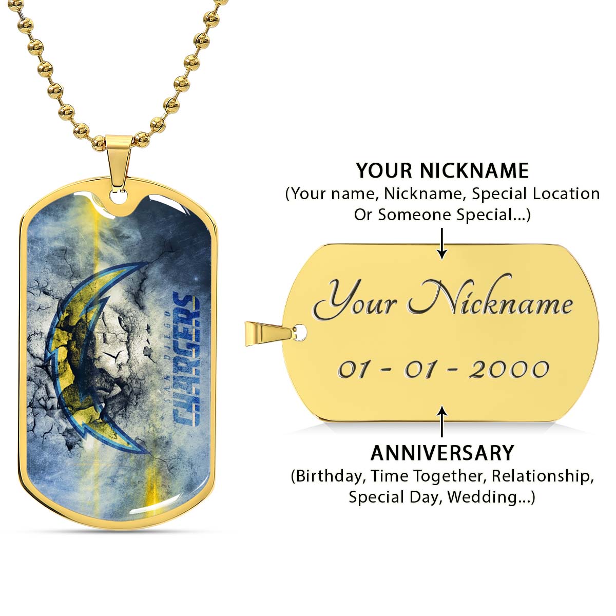 American Football - AFD077 - San Diego Chargers - NFL Football Team - American Football Dog Tag - Military Ball Chain - Luxury Dog Tag