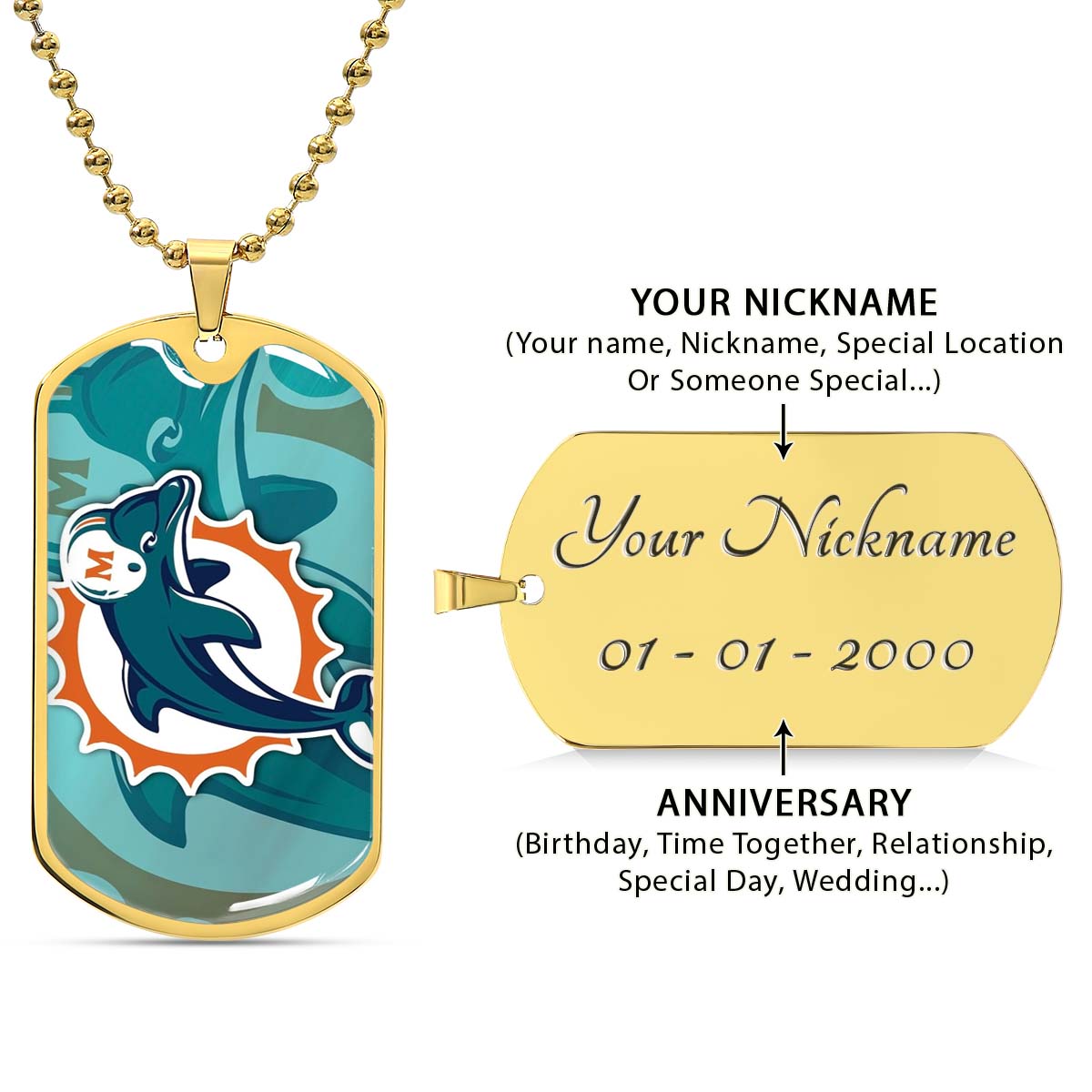 American Football - AFD084 - Miami Dolphins - NFL Football Team - American Football Dog Tag - Military Ball Chain - Luxury Dog Tag