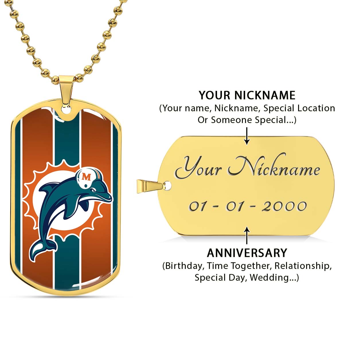 American Football - AFD086 - Miami Dolphins - NFL Football Team - American Football Dog Tag - Military Ball Chain - Luxury Dog Tag