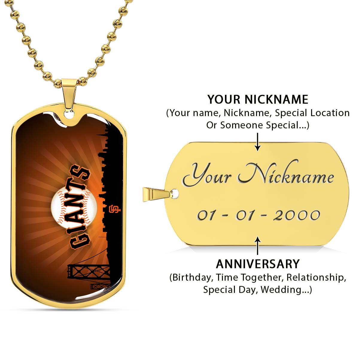Baseball Dog Tag Necklace - BBD001 - San Francisco Giants Sports - Military Ball Chain