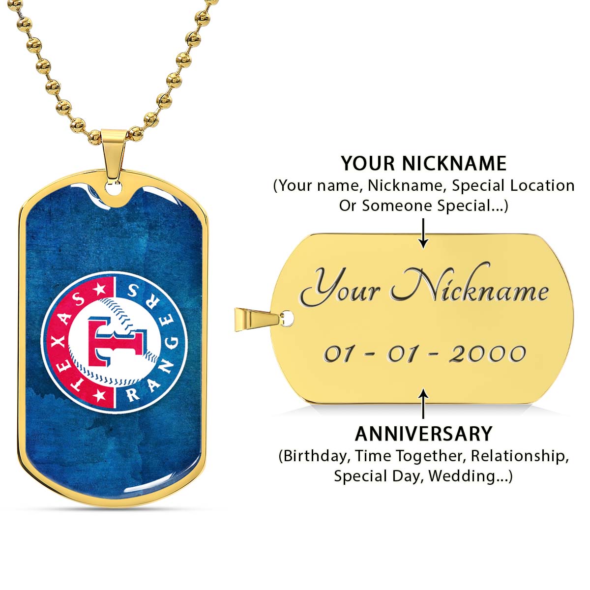 Baseball - BBD007 - Texas Rangers Sports - Baseball Dog Tag - Military Ball Chain - Luxury Dog Tag
