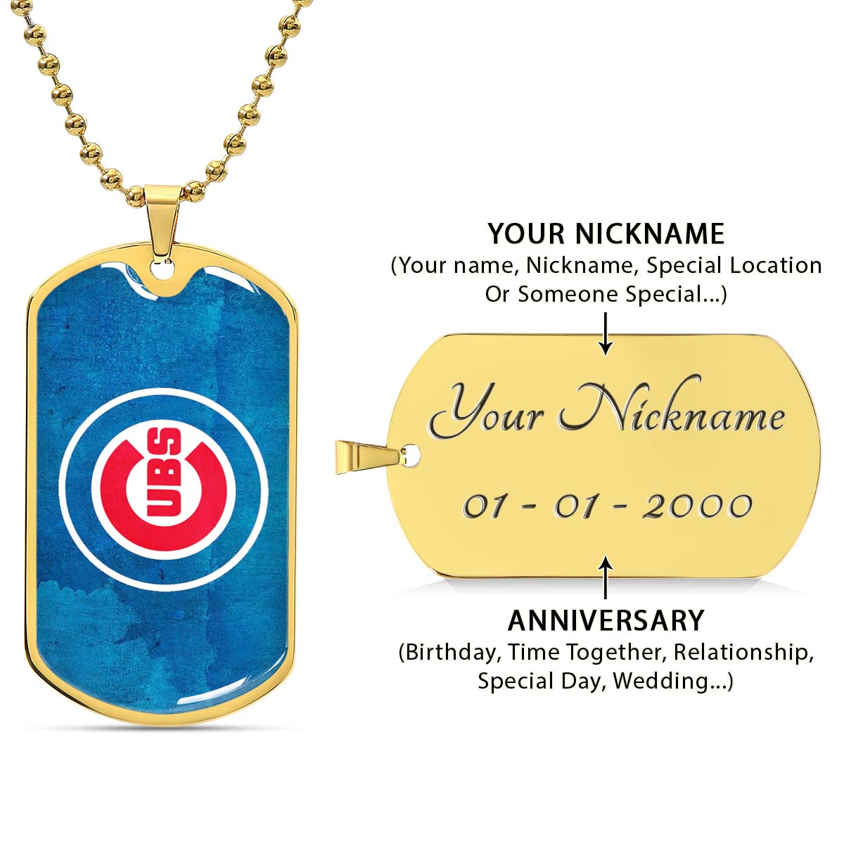 Baseball - BBD009 - Chicago Cubs - Bold Sports Emblem in Blue - Baseball Dog Tag - Military Ball Chain - Luxury Dog Tag
