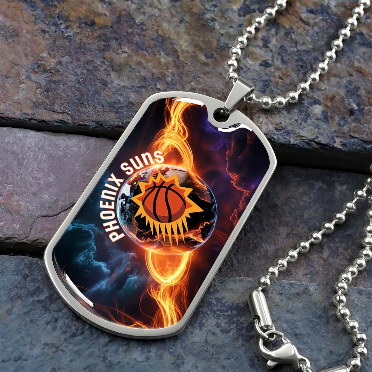 Basketball - BKD011 - Phoenix Suns - Fiery Basketball Globe Spotlight - Basketball Dog Tag - Military Ball Chain - Luxury Dog Tag