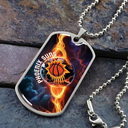 Basketball - BKD011 - Phoenix Suns - Fiery Basketball Globe Spotlight - Basketball Dog Tag - Military Ball Chain - Luxury Dog Tag