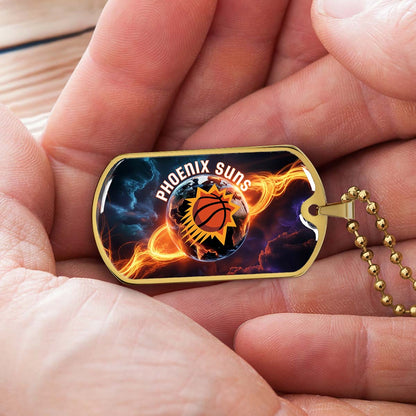 Basketball - BKD011 - Phoenix Suns - Fiery Basketball Globe Spotlight - Basketball Dog Tag - Military Ball Chain - Luxury Dog Tag