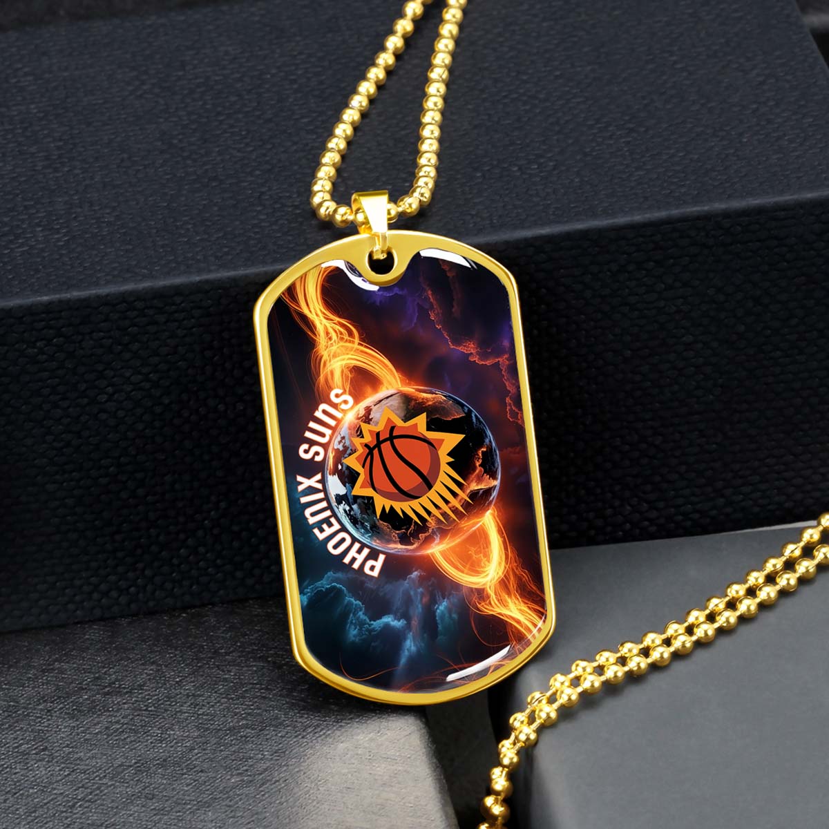 Basketball - BKD011 - Phoenix Suns - Fiery Basketball Globe Spotlight - Basketball Dog Tag - Military Ball Chain - Luxury Dog Tag