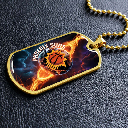 Basketball - BKD011 - Phoenix Suns - Fiery Basketball Globe Spotlight - Basketball Dog Tag - Military Ball Chain - Luxury Dog Tag