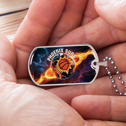 Basketball - BKD011 - Phoenix Suns - Fiery Basketball Globe Spotlight - Basketball Dog Tag - Military Ball Chain - Luxury Dog Tag