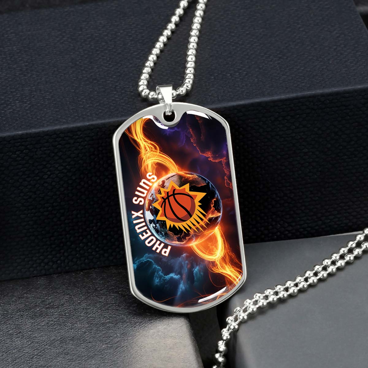 Basketball - BKD011 - Phoenix Suns - Fiery Basketball Globe Spotlight - Basketball Dog Tag - Military Ball Chain - Luxury Dog Tag