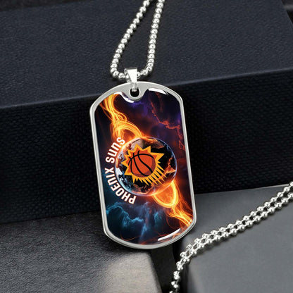 Basketball - BKD011 - Phoenix Suns - Fiery Basketball Globe Spotlight - Basketball Dog Tag - Military Ball Chain - Luxury Dog Tag