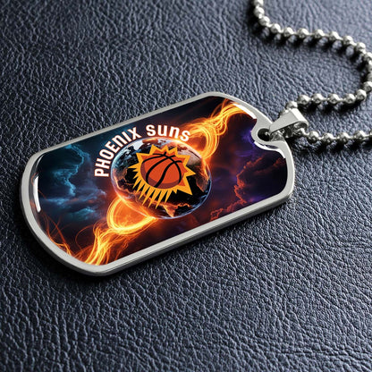 Basketball - BKD011 - Phoenix Suns - Fiery Basketball Globe Spotlight - Basketball Dog Tag - Military Ball Chain - Luxury Dog Tag