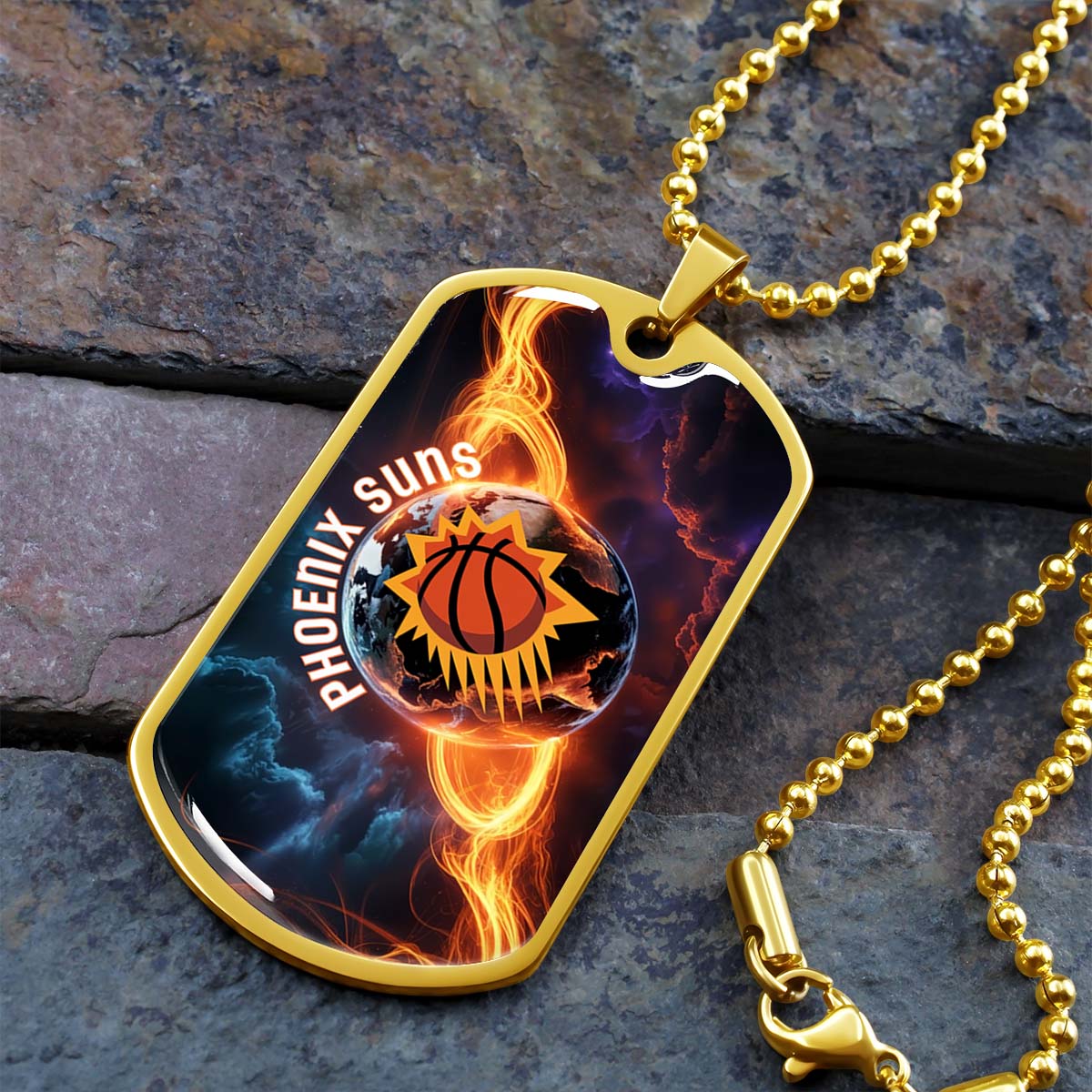 Basketball - BKD011 - Phoenix Suns - Fiery Basketball Globe Spotlight - Basketball Dog Tag - Military Ball Chain - Luxury Dog Tag