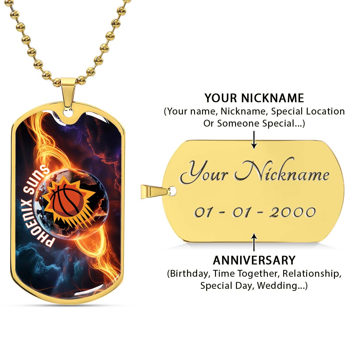 Basketball - BKD011 - Phoenix Suns - Fiery Basketball Globe Spotlight - Basketball Dog Tag - Military Ball Chain - Luxury Dog Tag