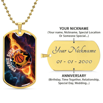Basketball - BKD011 - Phoenix Suns - Fiery Basketball Globe Spotlight - Basketball Dog Tag - Military Ball Chain - Luxury Dog Tag
