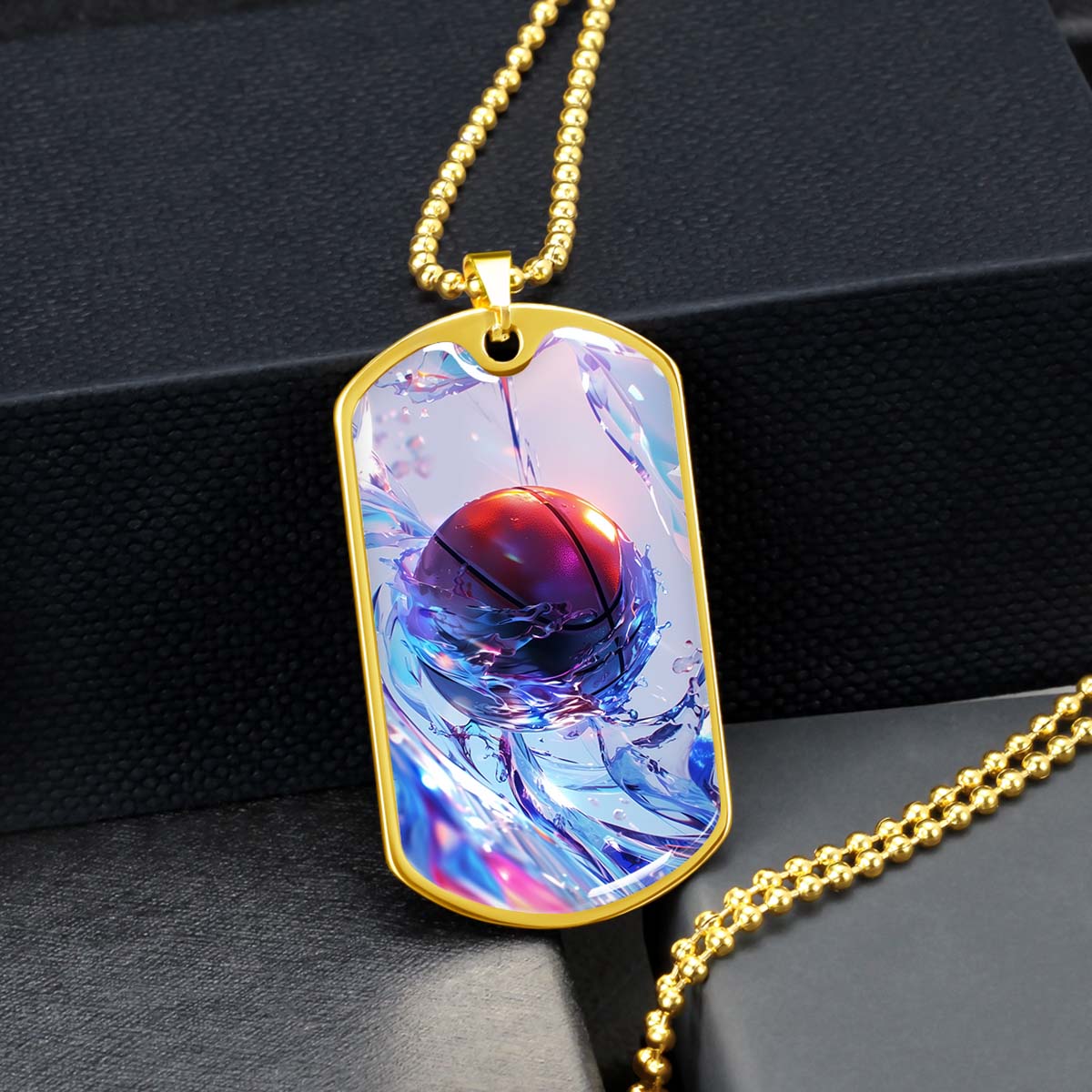 Basketball - BKD012 - Basketball in Dynamic Splash - Basketball Dog Tag - Military Ball Chain - Luxury Dog Tag