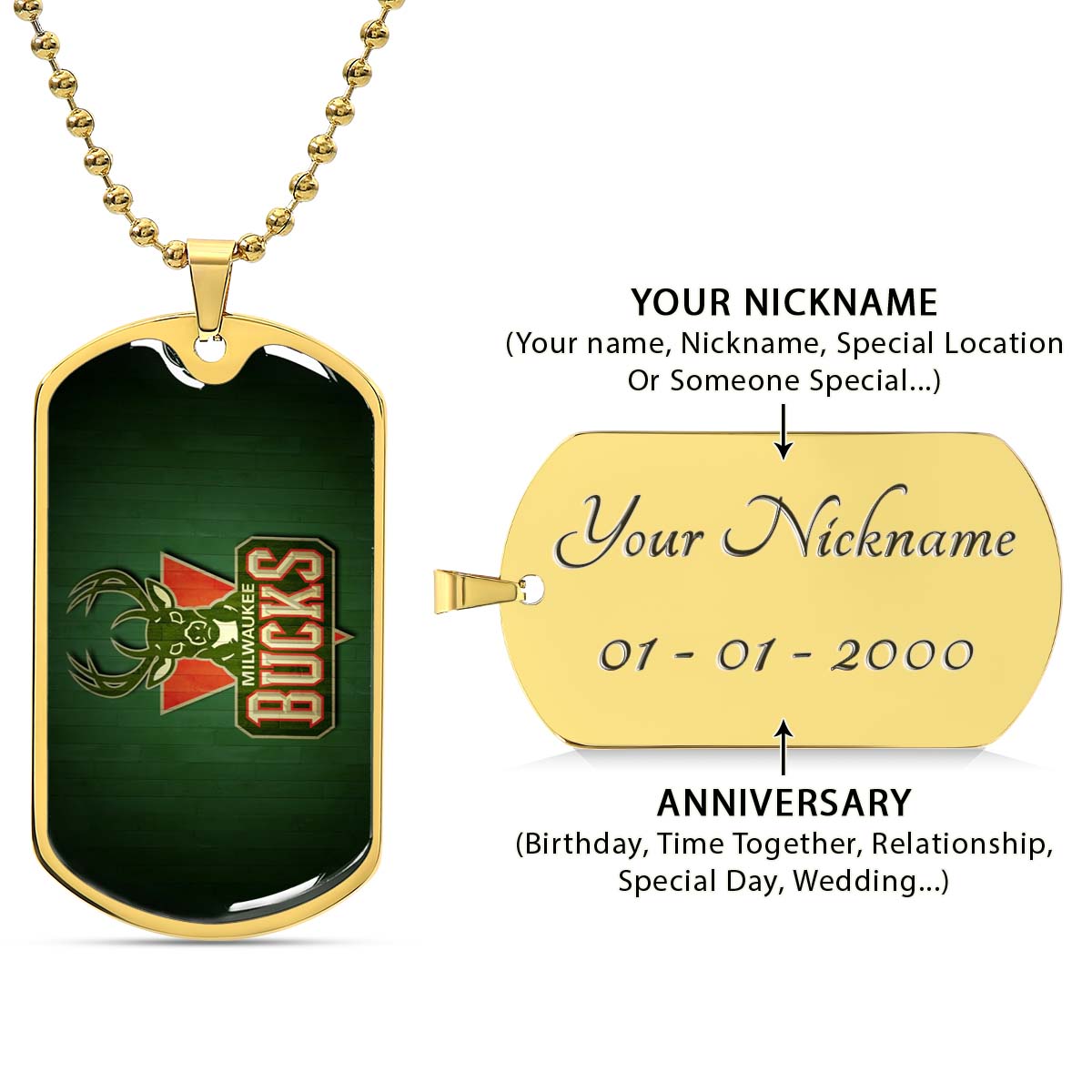 Basketball - BKD013 - Milwaukee Bucks Sports - Basketball Dog Tag - Military Ball Chain - Luxury Dog Tag
