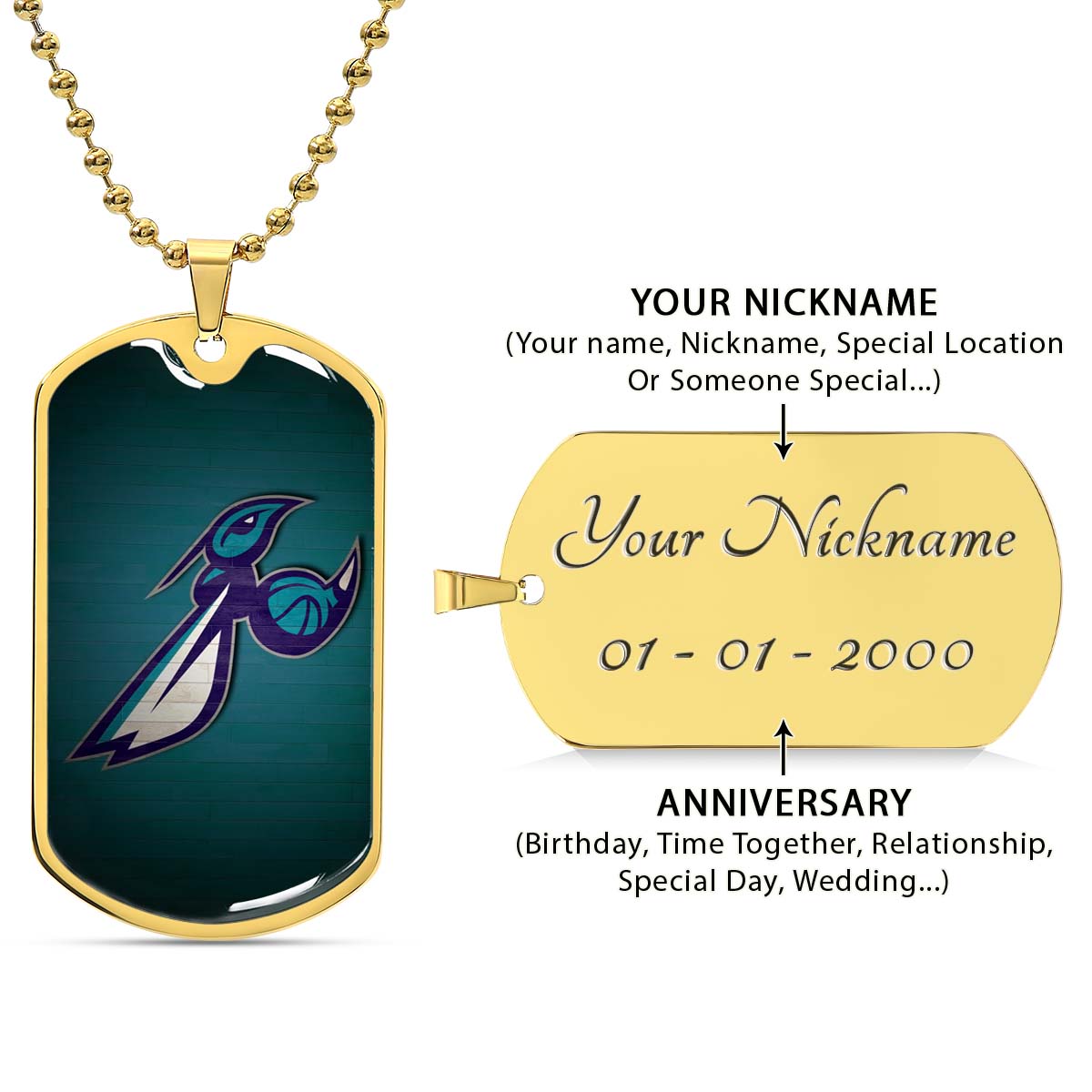 Basketball Dog Tag Necklace - BKD024 - Charlotte Hornets Sports - Military Ball Chain