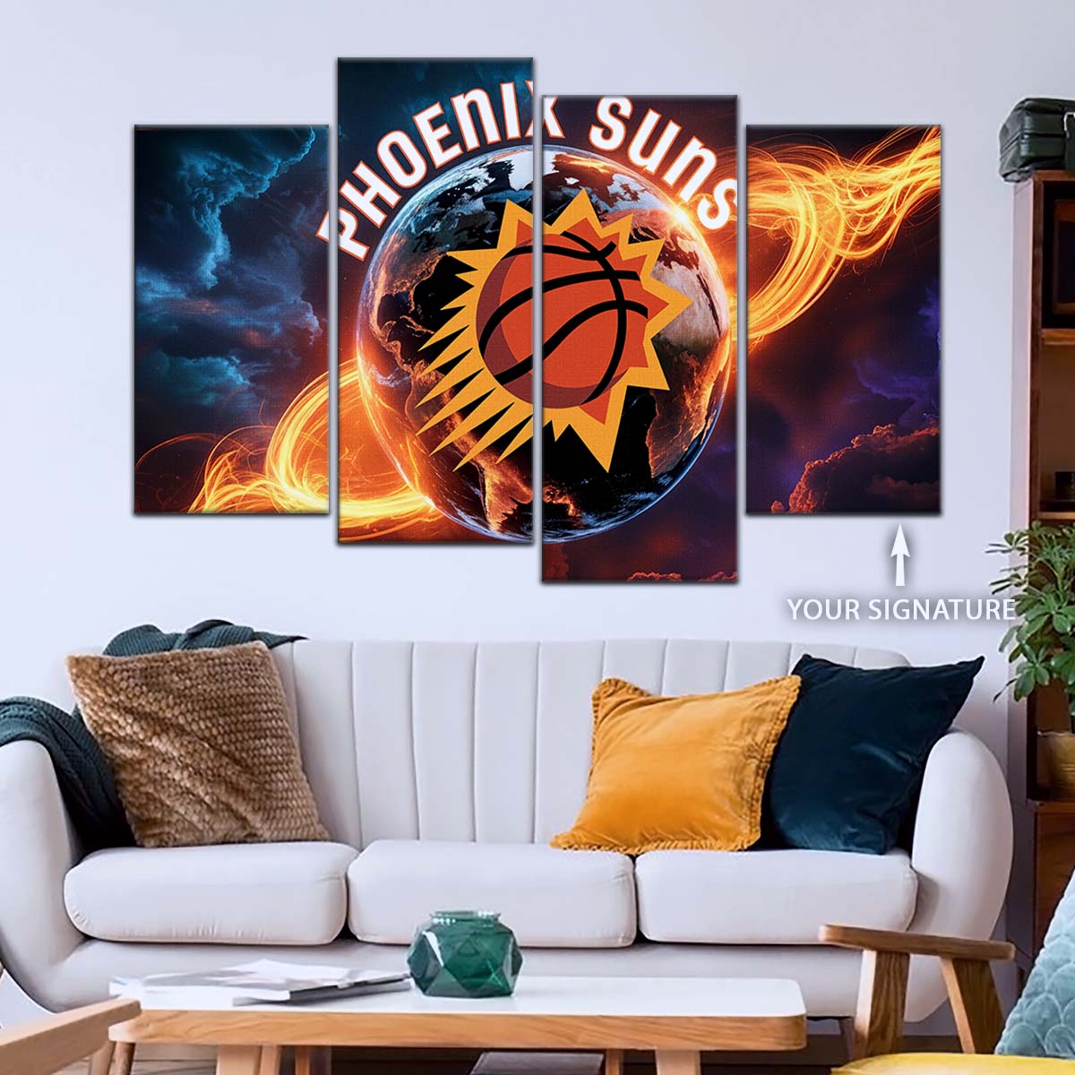 Basketball Canvas Wall Art - BK5054 - Phoenix Suns - Fiery Basketball Globe Spotlight