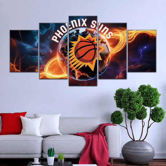 Basketball Canvas Wall Art - BK5054 - Phoenix Suns - Fiery Basketball Globe Spotlight