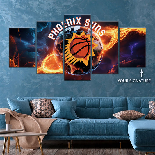 Basketball Canvas Wall Art - BK5054 - Phoenix Suns - Fiery Basketball Globe Spotlight