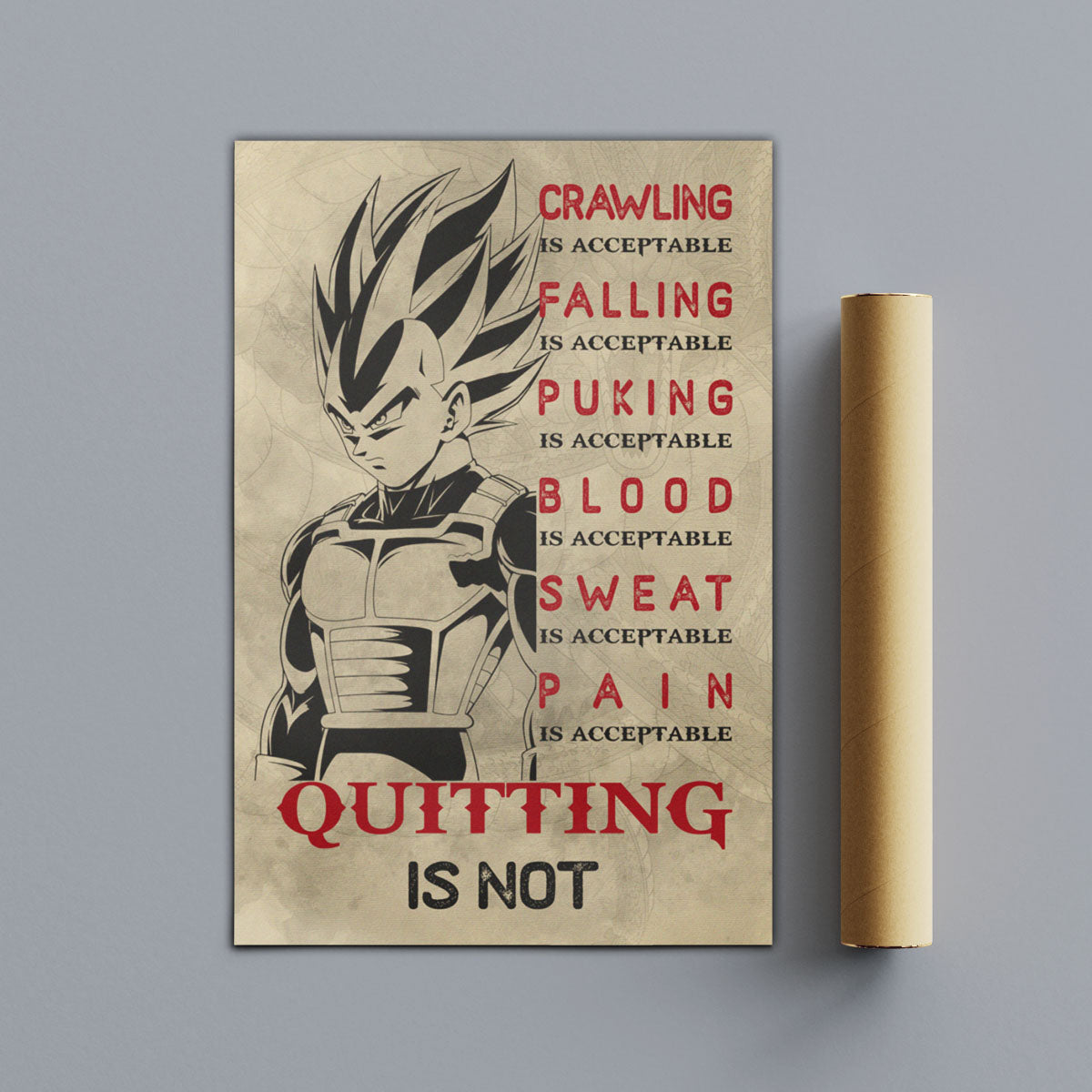 Vegeta Super Saiyan Canvas Wall Art - Dragon Ball Anime Motivational Quote “Quitting Is Not” Print - Ready to Hang Gym Workout Decor - DR014